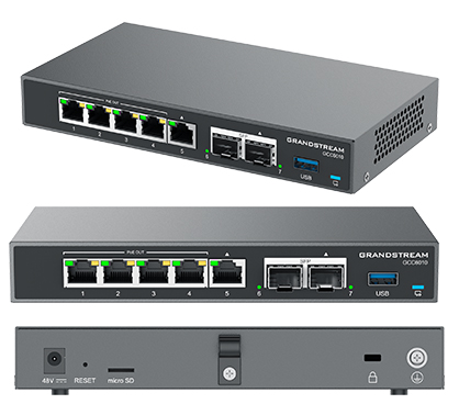 Grandstream GCC6010 Todo en uno:VPN router, firewall,IP PBX y switch. Puertos configurables LAN/WAN (max.3 WAN):2x 2,5Gbps SFP, 5x GbE, 4x PoE (36W). PBX voz/video: 12 usuarios, 4 llamadas s