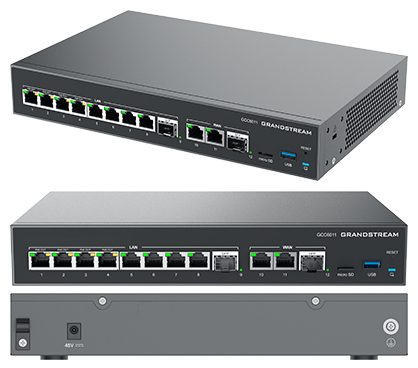Grandstream GCC6011 Solución todo en uno:VPN router, firewall,IP PBX y switch. 2x SFP 2,5Gbps, 10x GbE (3 fijos WAN), 4x PoE (36W).Routing 2,5Gbps. PBX voz/video: 12 usuarios y 4 llamadas si