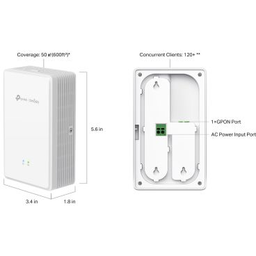 TP-Link EAP625GP-Wall Omada AX1800 Wall-Plate Dual-Band Wi-Fi 6 GPON Access Point PORT: 1×SC/UPC GPON+2×1G RJ45 Port(One support Poe Out)+1×RJ11 Port SPEED:574Mbps at 2.4 GHz + 1201 Mbps at 5 GHz FEATURE: AC Power, Poe Out,4×Int