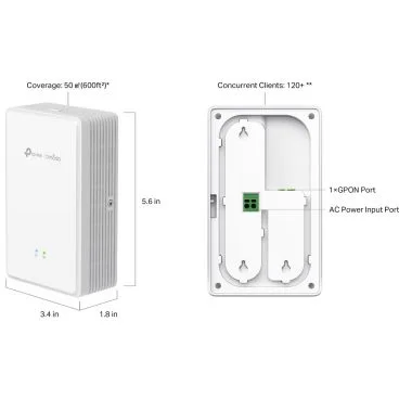 TP-Link EAP625GP-Wall Omada AX1800 Wall-Plate Dual-Band Wi-Fi 6 GPON Access Point PORT: 1×SC/UPC GPON+2×1G RJ45 Port(One support Poe Out)+1×RJ11 Port SPEED:574Mbps at 2.4 GHz + 1201 Mbps at 5 GHz FEATURE: AC Power, Poe Out,4×Int