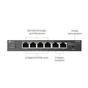 TP-Link ES206GP - Switch Smart Serie Omada, 6 Puertos (4x Gbps PoE + 2x Gbps), PoE+ Puertos 1-4: 15/30W, PoE Budget 65W, Sobremesa y Mural, Carcasa Metálica