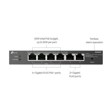 TP-Link ES206GP - Switch Smart Serie Omada, 6 Puertos (4x Gbps PoE + 2x Gbps), PoE+ Puertos 1-4: 15/30W, PoE Budget 65W, Sobremesa y Mural, Carcasa Metálica