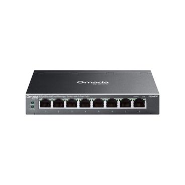 TP-Link ES208GP Omada 8-Port Gigabit Easy Managed Switch with 8-Port PoE+ PORT: 8× Gigabit PoE+ Ports SPEC: 802.3at/af, 64 W PoE Power, Desktop Steel Case and Fanless FEATURE: Centralized Management by Omada SDN Controller, Omada