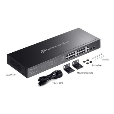 TP-Link ES220GMP Omada 20-Port Gigabit Easy Managed Switch with 16-Port PoE+ PORT: 16× Gigabit PoE+ Ports, 2x Gigabit Non-PoE Ports, 2× Gigabit SFP Ports SPEC: 802.3at/af, 250 W PoE Power, 1U 19-inch Rack-mountable Steel Case FEAT