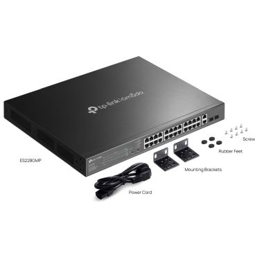 TP-Link ES228GMP Omada 28-Port Gigabit Easy Managed Switch with 24-Port PoE+ PORT: 24× Gigabit PoE+ Ports, 2x Gigabit Non-PoE Ports, 2× Gigabit SFP Ports SPEC: 802.3at/af, 384W PoE Power, 1U 19-inch Rack-mountable Steel Case FEATU