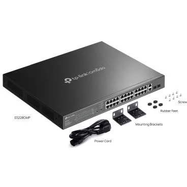 TP-Link ES228GMP Omada 28-Port Gigabit Easy Managed Switch with 24-Port PoE+ PORT: 24× Gigabit PoE+ Ports, 2x Gigabit Non-PoE Ports, 2× Gigabit SFP Ports SPEC: 802.3at/af, 384W PoE Power, 1U 19-inch Rack-mountable Steel Case FEATU
