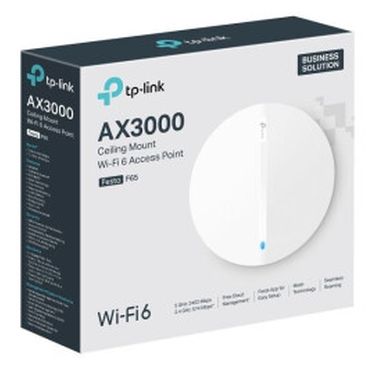 TP-Link Festa F65 AX3000 Ceiling Mount Dual-Band Wi-Fi 6 Access Point PORT:1× Gigabit RJ45 PortSPEED:574Mbps at 2.4 GHz + 2402 Mbps at 5 GHzFEATURE: 802.3at POE and 12V DC, 2×Internal Antennas, 160MHz Supported, MU-MIMO, Seam
