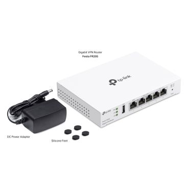 TP-Link Festa FR205 Gigabit VPN Router PORT: 1× Gigabit RJ45 WAN Port, 2× Gigabit RJ45 WAN/LAN Ports, 2× Gigabit RJ45 LAN Ports, 1× USB 2.0 Port; FEATURE: Integration with Festa Cloud Controller, Support 20 IPsec VPN Tunnels, 16