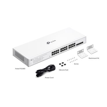 TP-Link Festa FS328G 24-Port Gigabit Smart Switch with 4 SFP Slots PORT: 24× Gigabit RJ45 Ports, 4× Gigabit SFP Slots SPEC: 1U 19-inch Rack-mountable Steel Case FEATURE: Integration with Festa Cloud-Based Controller, 802.1Q VLAN,