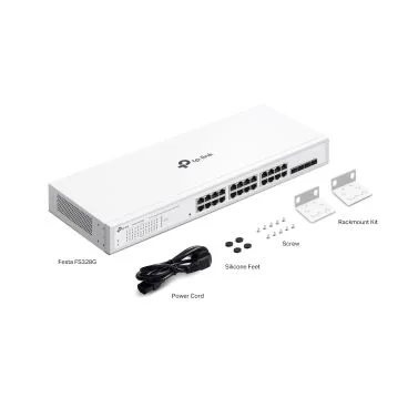 TP-Link Festa FS328G 24-Port Gigabit Smart Switch with 4 SFP Slots PORT: 24× Gigabit RJ45 Ports, 4× Gigabit SFP Slots SPEC: 1U 19-inch Rack-mountable Steel Case FEATURE: Integration with Festa Cloud-Based Controller, 802.1Q VLAN,