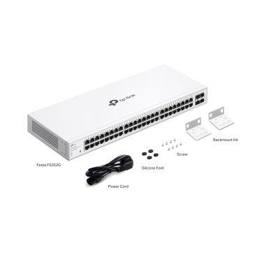 TP-Link Festa FS352G 48-Port Gigabit Smart Switch with 4 SFP Slots PORT: 48× Gigabit RJ45 Ports, 4× Gigabit SFP Slots SPEC: 1U 19-inch Rack-mountable Steel Case FEATURE: 802.1Q VLAN, STP/RSTP, IGMP Snooping, ACL, Storm Control, Li