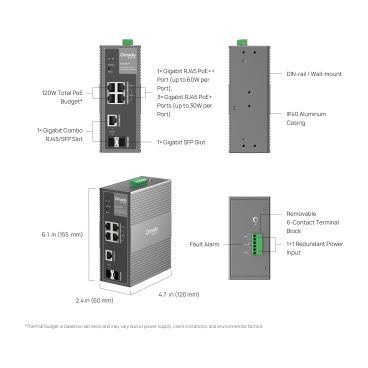TP-Link IES206GPP - Switch Industrial Gestionable L2, 6 Puertos (4 Puertos RJ45 1Gbps + 1 Combo RJ45/SFP 1Gbps + 1 SFP 1Gbps), Temperatura de Funcionamiento de -40º a 75º, PoE, Carril DIN