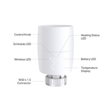 TP-Link KE100 Kasa Smart Thermostatic Radiator Valve SPEC: 1 x Thermostat, 868 MHz, battery powered(2*AA), 5-30? temperature control, M30*1.5mm connector, LED Display FEATURE: Kasa smart app