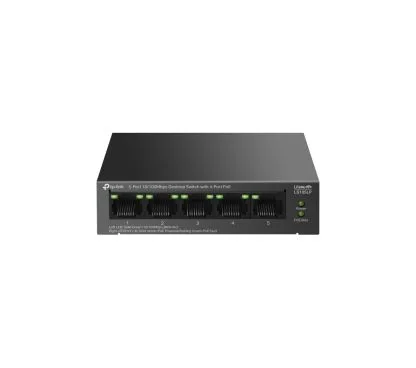 TP-Link LS105LP Switch de sobremesa de 5 puertos 10/100 Mbps con 4 puertos PoE PUERTO: 4× 10/100 Mbps Puertos PoE, 1× 10/100 Mbps Puerto No PoE ESPECIFICACIÓN: 802.3af, 41 W de alimentación PoE, carca