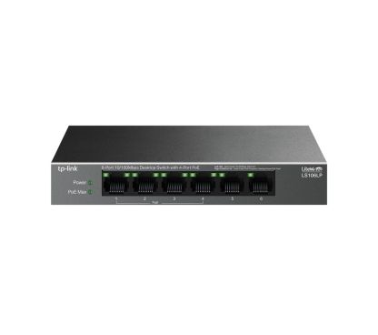 TP-Link LS106LP Switch de sobremesa de 6 puertos 10/100 Mbps con 4 puertos PoE PUERTOS: 4× 10/100 Mbps PoE, 2× 10/100 Mbps no PoE ESPECIFICACIÓN: 802.3af, 41 W de alimentación PoE, carcasa de acero de