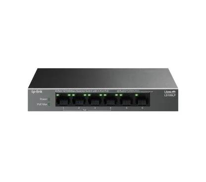 TP-Link LS106LP Switch de sobremesa de 6 puertos 10/100 Mbps con 4 puertos PoE PUERTOS: 4× 10/100 Mbps PoE, 2× 10/100 Mbps no PoE ESPECIFICACIÓN: 802.3af, 41 W de alimentación PoE, carcasa de acero de