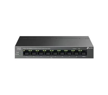 TP-Link LS109P Switch de sobremesa de 9 puertos 10/100 Mbps con PoE+ de 8 puertos PUERTOS: 8× 10/100 Mbps PoE+, 1× 10/100 Mbps sin PoE ESPECIFICACIÓN: 802.3at/af, 63 W de potencia PoE, carcasa de acer