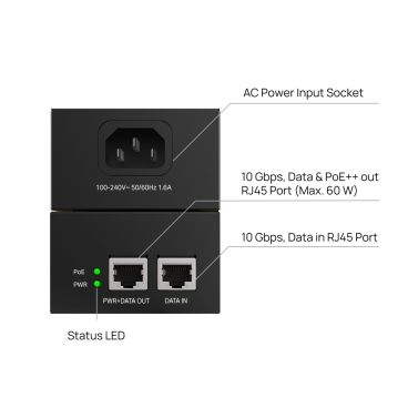 TP-Link POE370S Inyector Omada 10G PoE++ , 1 puerto PoE de 10 Gbps, 1 puerto no PoE de 10 Gbps Compatible con 802.3bt/at/af, 60W, Carcasa de Acero