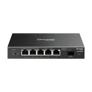TP-Link SG2206MP Omada Access 6-Port Gigabit Switch with 4-Port PoE+ PORT: 4× Gigabit PoE Ports, 1× Gigabit Non-PoE Port, 1× Gigabit SFP Slot SPEC: 802.3at/af, 63 W PoE Power, Desktop Steel Case FEATURE: Centralized Managed by Oma