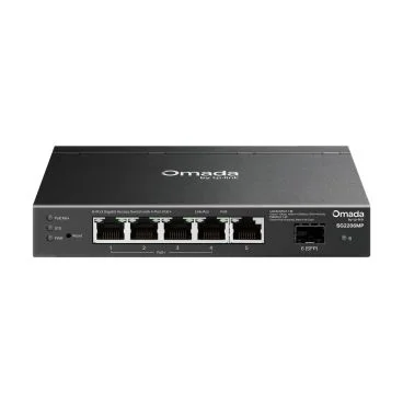 TP-Link SG2206MP Omada Access 6-Port Gigabit Switch with 4-Port PoE+ PORT: 4× Gigabit PoE Ports, 1× Gigabit Non-PoE Port, 1× Gigabit SFP Slot SPEC: 802.3at/af, 63 W PoE Power, Desktop Steel Case FEATURE: Centralized Managed by Oma