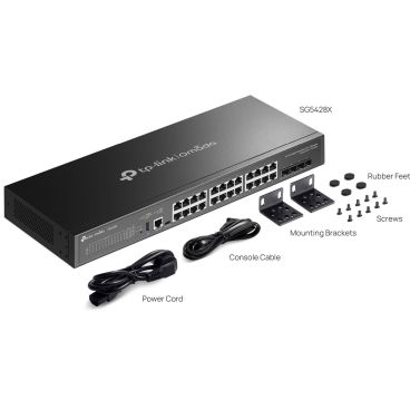 TP-Link SG5428X Omada 24-Port Gigabit Stackable Lite L3 Managed Switch with 4 10G Slots PORT: 24× Gigabit RJ45 Ports, 4× 10G SFP+ Slots, RJ45/USB Type C Console Port, 1× USB2.0 Port SPEC: 1U