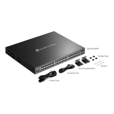 TP-Link SG5452XMPP Omada 48-Port Gigabit Stackable Lite L3 Managed PoE++ Switch with 4 10G Slots PORT: 40× Gigabit PoE+ Ports, 8× Gigabit PoE++ Ports (up to 90 W/port), 4× 10G SFP+ Slots, RJ