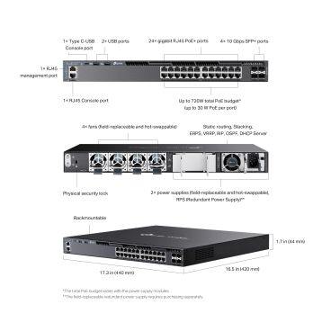 TP-Link SG6428XHP Switch Gestionable Omada L3 de 24 puertos PoE+ Gigabit Stackable con 4 ranuras 10G