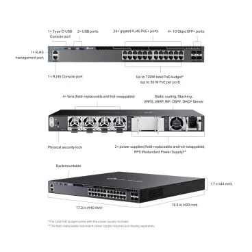 TP-Link SG6428XHP Switch Gestionable Omada L3 de 24 puertos PoE+ Gigabit Stackable con 4 ranuras 10G