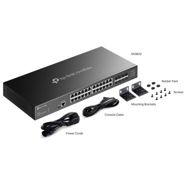 TP-Link SX3832 Omada 24-Port 10GBASE-T L2+ Multigigabit Managed Switch with 8 10GE SFP+ Slots PORT: 24× 10G RJ45 Ports, 8× 10G SFP+ Slots, RJ45/USB Type C Console Port SPEC: 1U 19-inch Rack-
