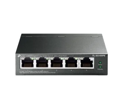 TP-Link TL-SG105PE 5-Port Gigabit Easy Smart Switch with 4-Port PoE+ PORT: 4× Gigabit PoE+ Ports, 1× Gigabit Non-PoE Ports SPEC: