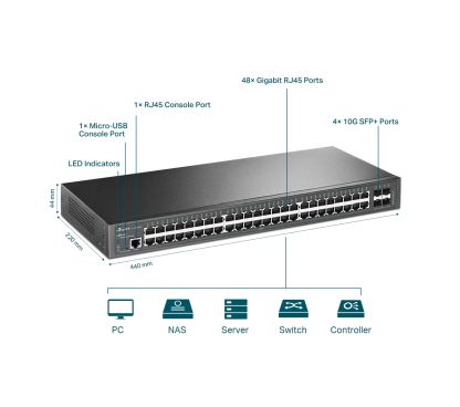 TP-LINK TL-SG3452X - Switch Ethernet Gestionable L2+ Montaje en Rack, 48x Puertos 10/100/1000Mbps y 4x Slot SFP+, Carcasa de Metal
