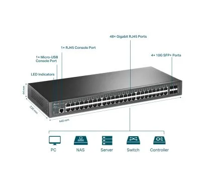 TP-LINK TL-SG3452X - Switch Ethernet Gestionable L2+ Montaje en Rack, 48x Puertos 10/100/1000Mbps y 4x Slot SFP+, Carcasa de Metal