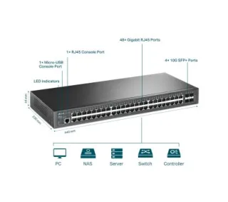 TP-LINK TL-SG3452X - Switch Ethernet Gestionable L2+ Montaje en Rack, 48x Puertos 10/100/1000Mbps y 4x Slot SFP+, Carcasa de Metal