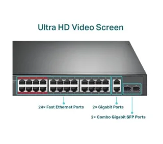TP-Link TL-SL1226P 26-Port 10/100Mbps PoE+ Switch, 24 10/100Mbps PoE+ Ports, 2 Gigabit RJ45 Ports, 2 Combo SFP Slots, 802.3at/af