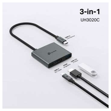 TP-Link UH3020C - Hub USB-C de 3 puertos. ESPECIFICACIONES: 1 conector USB-C, 1 puerto HDMI 4K 60 Hz, 1 puerto USB-C PD 100 W, 1 puerto USB-A 3.0. Plug and Play