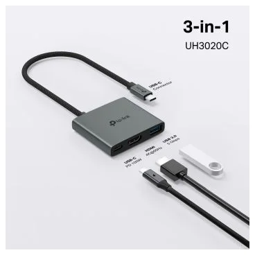 TP-Link UH3020C - Hub USB-C de 3 puertos. ESPECIFICACIONES: 1 conector USB-C, 1 puerto HDMI 4K 60 Hz, 1 puerto USB-C PD 100 W, 1 puerto USB-A 3.0. Plug and Play