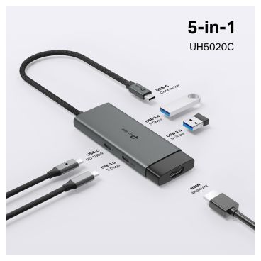 TP-Link UH5020C Hub USB tipo C de 5 puertos ESPECIFICACIONES: 1 conector USB-C, 1 puerto HDMI 4K 60 Hz, 1 puerto USB-C PD 100 W, 2 puertos USB-A 3.0, 1 puerto USB-C 3.0 CARACTERÍSTICAS: Plug