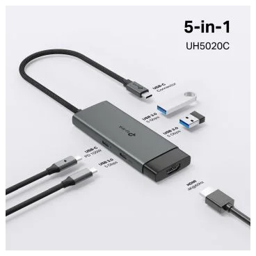 TP-Link UH5020C Hub USB tipo C de 5 puertos ESPECIFICACIONES: 1 conector USB-C, 1 puerto HDMI 4K 60 Hz, 1 puerto USB-C PD 100 W, 2 puertos USB-A 3.0, 1 puerto USB-C 3.0 CARACTERÍSTICAS: Plug and Play, almacenamiento automático par