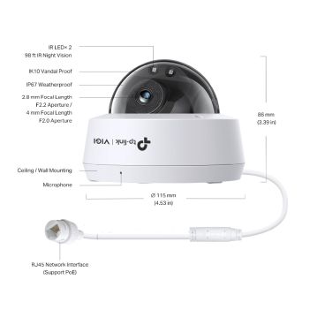 TP-Link VIGI VIGI C220I(2.8mm) 2MP Dome Network Camera SPEC:H.265+/H.265/H.264+/H.264, 1/3" Progressive Scan CMOS, Color/0.01 [email protected], 0 Lux with IR, 25fps/30fps (1920x1080,1280x960, 1280x720), PoE,