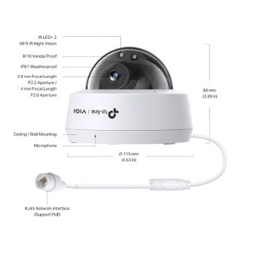 TP-Link VIGI VIGI C230I(2.8mm) 3MP Dome Network CameraSPEC:H.265+/H.265/H.264+/H.264, 1/2.8 inches Progressive Scan CMOS, Color/0.01 [email protected], 0 Lux with IR, 25fps/30fps ( 2304x1296, 2048x1280, 1920x1