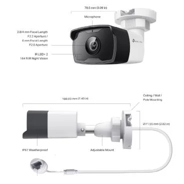 TP-Link VIGI VIGI C320I(2.8mm) 2MP Outdoor Bullet Network CameraSPEC: H.265+/H.265/H.264+/H.264, 1/3 inches Progressive Scan CMOS, Color/0.01 [email protected], 0 Lux with IR, 25fps/30fps (1920x1080,1280x960,