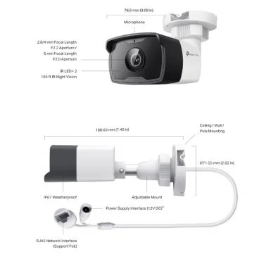 TP-Link VIGI VIGI C340I(6mm) 4MP Outdoor Bullet Network Camera SPEC: H.265+/H.265/H.264+/H.264, 1/3" Progressive Scan CMOS, Color/0.01 [email protected], 0 Lux with IR, 25fps/30fps (2560x1440,2304x1296,2048x12
