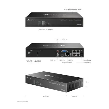 TP-Link VIGI VIGI NVR1004H-4P 4 Channel PoE Network Video Recorder SPEC: H.265+/H.265/H.264+/H.264, Up to 8MP resolution, Decoding capability/4-ch @4MP,80 Mbps Incoming Bandwidth(up to 4 channels),4× 10/100 Mbps PoE+ Ports, Max Ou