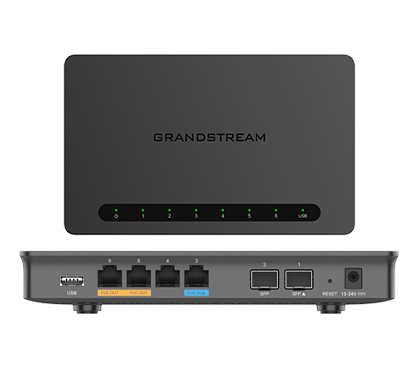 Grandstream GWN7002 Multi-WAN Gigabit VPN Router. 4x puetos GE RJ45, dos de ellos PoE out y uno PoE in). 2x SFP, 1x USB.