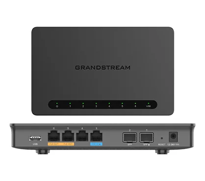 Grandstream GWN7002 Multi-WAN Gigabit VPN Router. 4x puetos GE RJ45, dos de ellos PoE out y uno PoE in). 2x SFP, 1x USB.