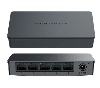Grandstream GWN7700 Switch no gestionable,5 x GbE RJ45 con negociación automática y MDI/MDIX. Capacidad de switching de 10Gbps.Qos, IGMP snoop. Carcasa de plástico. 5V/0.6A PSU