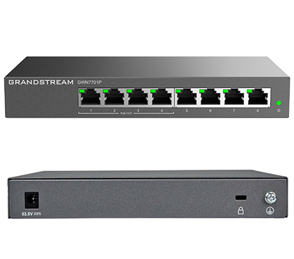 Grandstream GWN7701P Switch no gestionable,8 x GbE RJ45,4xPoE 802.3 af/at potencia max.salida de 60W con negociación automática,MDI/MDIX. Capacidad switching 16Gbps. Qos,IGMP snoop.Carcasa de metal.