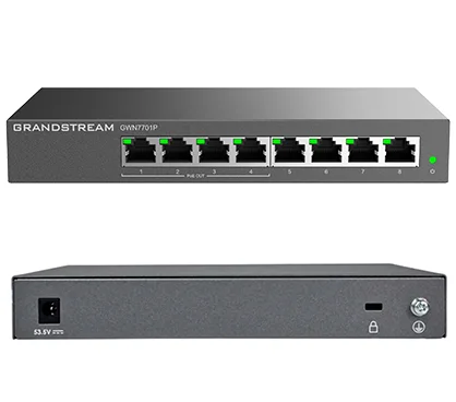 Grandstream GWN7701P Switch no gestionable,8 x GbE RJ45,4xPoE 802.3 af/at potencia max.salida de 60W con negociación automática,MDI/MDIX. Capacidad switching 16Gbps. Qos,IGMP snoop.Carcasa de metal.