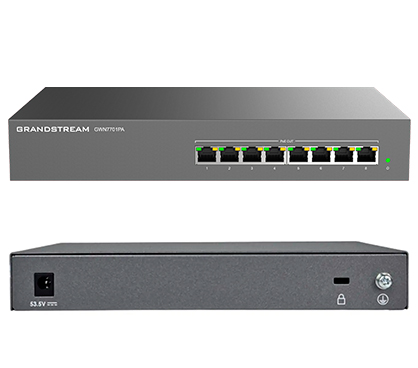 Grandstream GWN7701PA Switch no gestionable,8x GbE RJ45,4xPoE 802.3 af/at 145W, negociación automática,MDI/MDIX.Capacidad switching 16Gbps.Qos,IGMP snoop.Carcasa metal, enracable