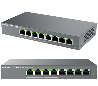 Grandstream GWN7711P Switch gestionable Capa 2. Puertos: 8x GbE 4 de ellos PoE 802.3af/at 30W y pasivo 24V, PoE budget: 60W. Capacidad de switching 16 Gbps. Qos, IGM Snooping, control tráfico unicast.